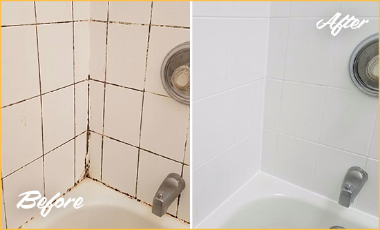 Before and After Picture of a Needville Shower Tile and Grout Cleaned to Eliminate Mold