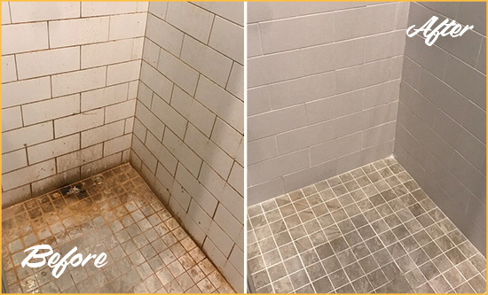 Before and After Picture of a Bacliff Shower Tile and Grout Cleaned to Eliminate Mold and Stains