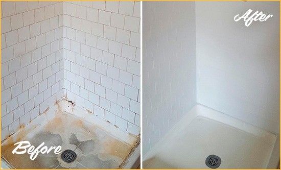 Before and After Picture of a Simonton Shower Tile and Grout Cleaned to Remove Soap Scum