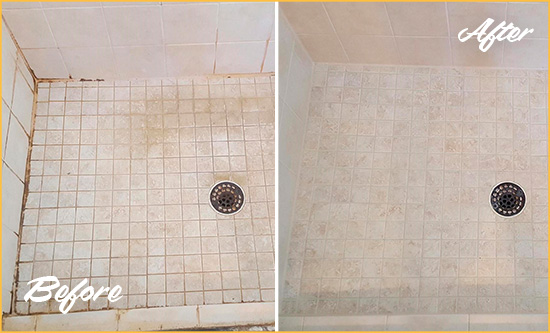 Before and After Picture of a New Waverly Shower Caulked to Fix Cracks
