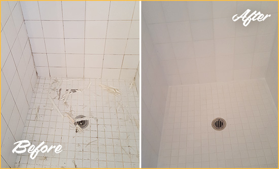 Before and After Picture of a Katy Bathroom Re-Caulked To Repair Damaged Caulking