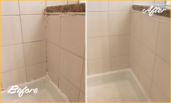 Before and After Picture of a Richards Shower Caulked to Repair Damaged Caulking