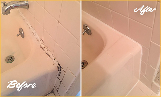 Before and After Picture of a Guy Bathroom Sink Caulked to Fix a DIY Proyect Gone Wrong