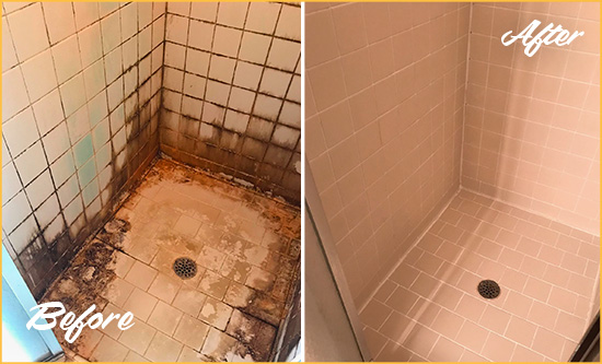 Before and After Picture of a Richmond Shower Caulked to Fix and Prevent Water Damage