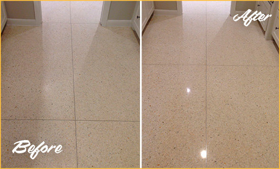 Before and After Picture of a Magnolia Granite Stone Floor Polished to Repair Dullness