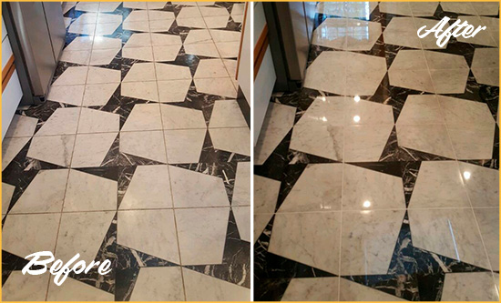 Before and After Picture of a Dull New Waverly Marble Stone Floor Polished To Recover Its Luster