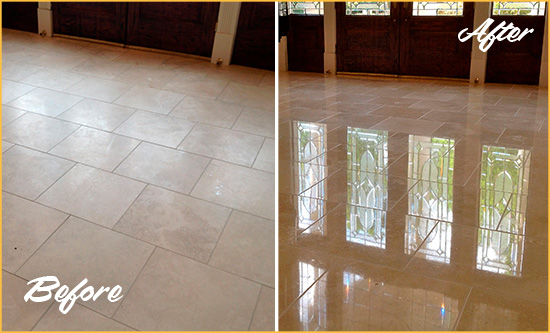 Before and After Picture of a Dull New Waverly Travertine Stone Floor Polished to Recover Its Gloss