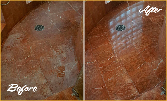 Before and After Picture of a High Island Marble Stone Shower Polished to Eliminate Mineral Deposits