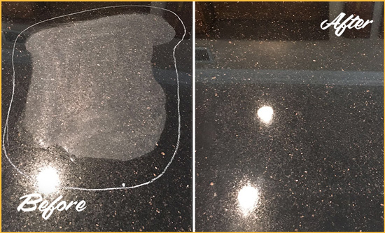 Before and After Picture of a Magnolia Granite Stone Countertop Polished to Remove Scratches
