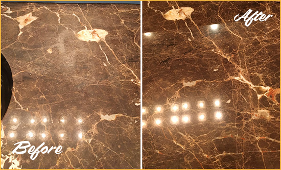 Before and After Picture of a Magnolia Marble Stone Countertop Polished to Eliminate Stains