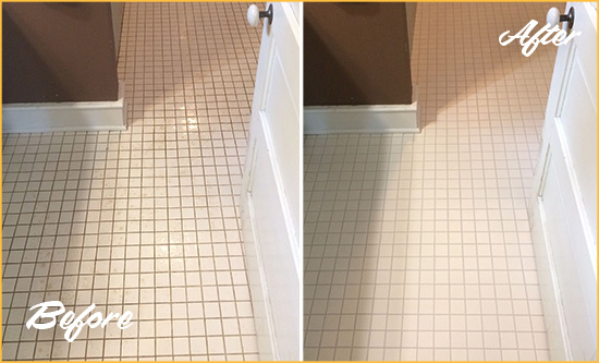 Before and After Picture of a Guy Bathroom Floor Sealed to Protect Against Liquids and Foot Traffic