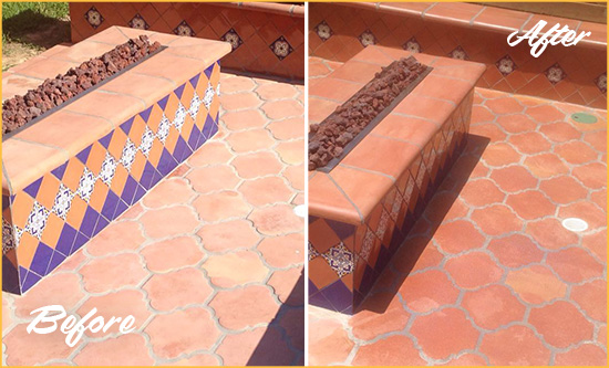 Before and After Picture of a Dull Willis Terracotta Patio Floor Sealed For UV Protection