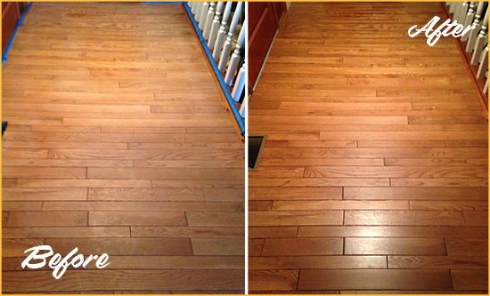 Before and After Picture of a Katy Wood Sand Free Refinishing Service on a Dull Hallway