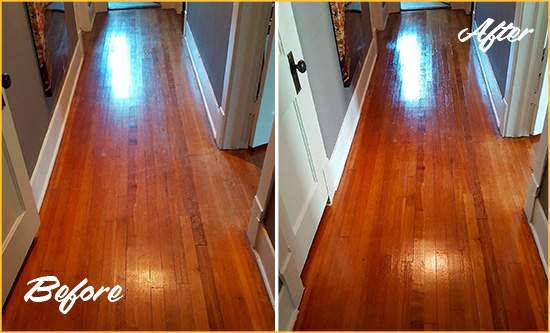 Before and After Picture of a Katy Wood Sand Free Refinishing Service on a Floor to Eliminate Scratches