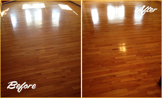 Before and After Picture of a Katy Wood Sand Free Refinishing Service on a Room Floor to Remove Scratches
