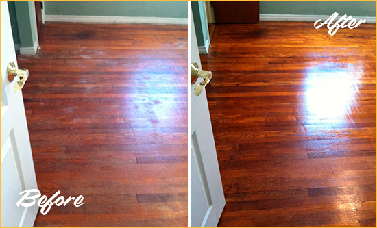 Before and After Picture of a Katy Wood Sand Free Refinishing Service on a Dull Floor to Remove Stains