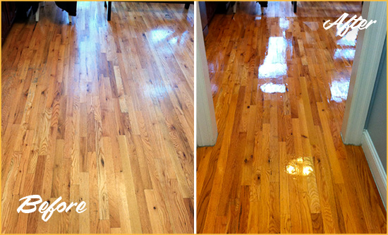 Before and After Picture of a Katy Wood Sand Free Refinishing Service on a Worn Out Hallway