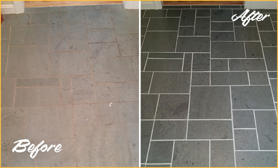 Before and After Picture of a Montgomery Slate Floor Cleaned to Remove Deep-Seated Dirt