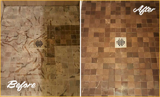 Before and After Picture of a Stained Kendleton Marble Shower Floor Cleaned to Remove Etching