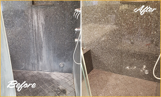 Before and After Picture of a Sugarland Granite Shower Cleaned to Remove Mineral Deposits