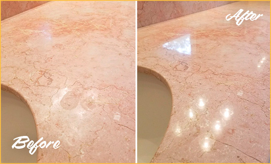 Before and After Picture of a Texas City Marble Stone Vanity Top Sealed to Avoid Water Marks