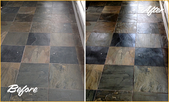 Before and After Picture of a Beasley Slate Stone Floor Sealed to Eliminate Dullness