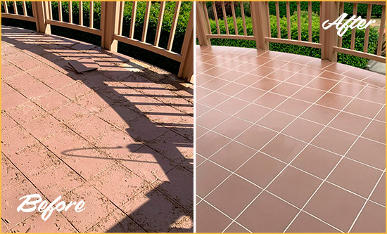 Before and After Picture of a Simonton Hard Surface Restoration Service on a Tiled Deck
