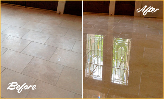 Before and After Picture of a Bacliff Hard Surface Restoration Service on a Dull Travertine Floor Polished to Recover Its Splendor