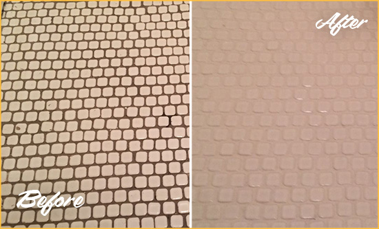 Before and After Picture of a La Marque Hard Surface Restoration Service on a Bathroom Tile Floor Recolored to Fix Grout Color