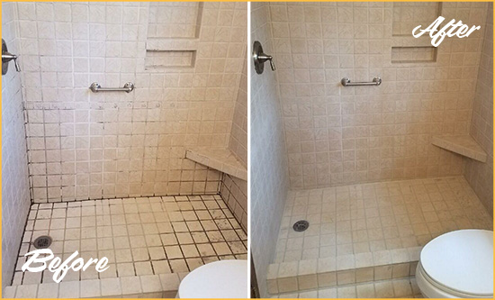 Before and After Picture of a Houston Shower Grout Cleaned to Remove Mold