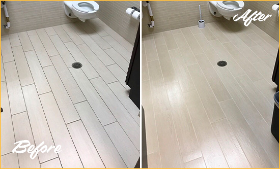 Before and After Picture of a Wallis Office Restroom's Grout Cleaned to Remove Dirt