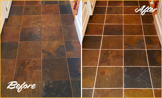 Before and After Picture of Splendora Slate Floor Grout Cleaned to Remove Dirt