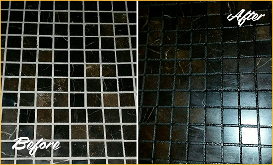 Before and After Picture of a Dickinson Black Floor with Recolored Grout