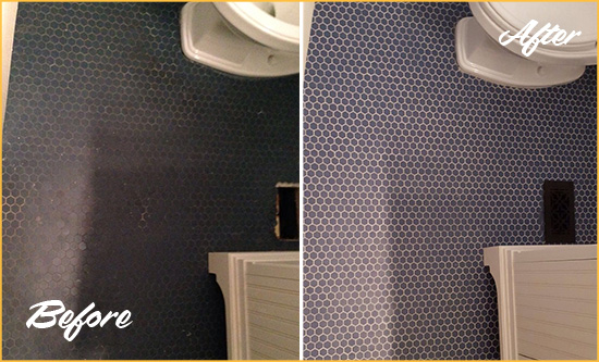 Before and After Picture of a Houston Blue Tile Floor Recolored Grout