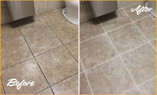 Before and After Picture of a East Bernard Office Restroom Floor Recolored Grout