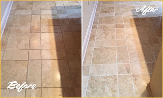 Before and After Picture of a Kingwood Travertine Kitchen Floor Recolored Grout