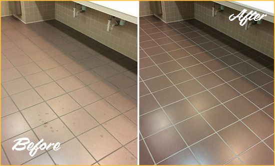 Before and After Picture of Dirty Magnolia Office Restroom with Sealed Grout