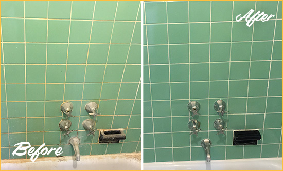 Before and After Picture of a Hitchcock Bath Tub Grout Sealed to Avoid Water Damage