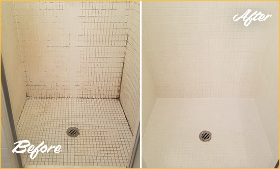 Before and After Picture of a Brookshire Bathroom Grout Sealed to Remove Mold