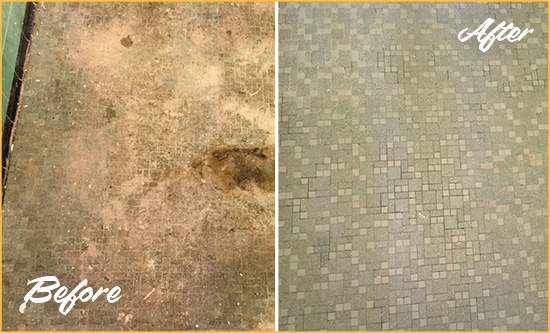 Before and After Picture of a Texas City Mosaic Shower Cleaned to Eliminate Embedded Dirt