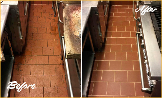 Before and After Picture of a Dull Damon Restaurant Kitchen Floor Cleaned to Remove Grease Build-Up