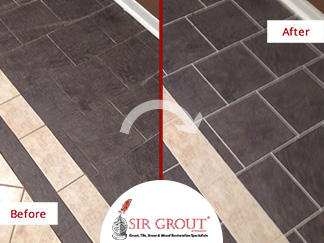 Before and After Picture of a Grout Cleaning in Sugar Land, Texas