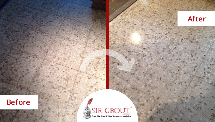 Before and After Picture of a Grout Cleaning Job in Sugar Land, Texas