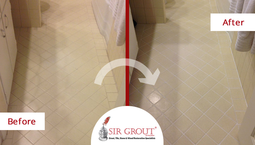 Before and After of a Grout Cleaning Service on a Bathroom Floor in Magnolia, TX.