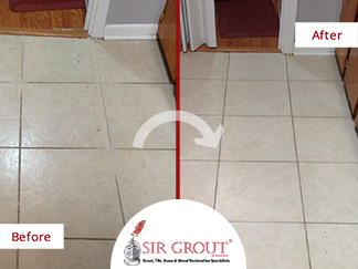 Before and After Picture of a Floor Grout Recoloring Service in Hitchcock, TX