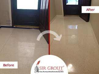Before and After Picture of Etched Stone Floor in Houston, Texas