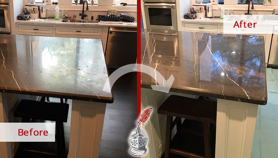 Before and after Picture of This Marble Countertop in Houston, TX, That Looks Shiny Again Thanks to a Stone Polishing Job