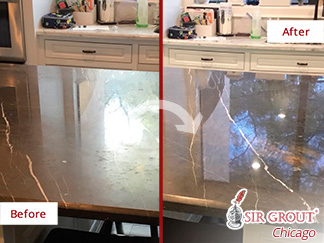 Before and after Picture of This Drastic Change of This Marble Countertop in Houston, TX, after a Stone Polishing Job