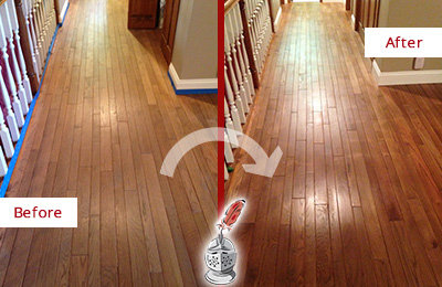 Sir Grout Refinished This Worn Out Katy Wood Floor with a Sandless Refinishing Service Before and After Picture of a Katy Wood Sandless Refinishing Service on a Worn Out Floor