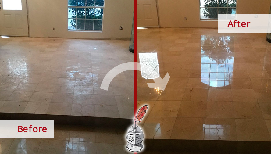 Before and after of This Marble Floor Ruined by Hurricane Harvey and Renewed after a Stone Polishing Job Done in Houston, Texas